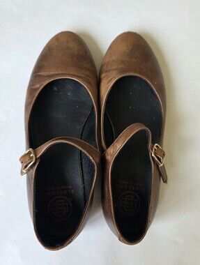 Leather Mary Jane Flats in Brown - Blublonc